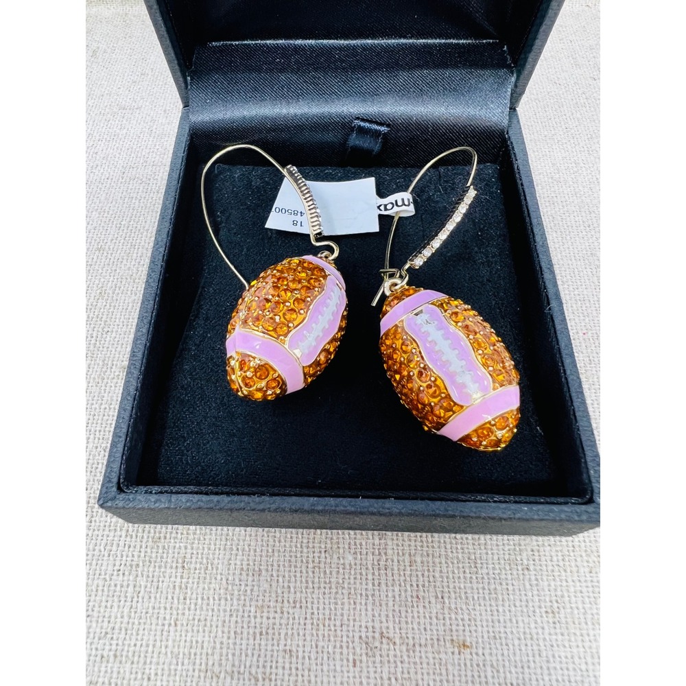Betsey Johnson Pink Amber Crystal Faux Stone Football Dangle Earrings